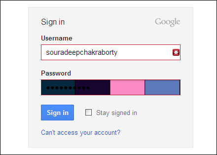 показан неправильный пароль.
