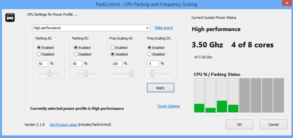 ParkControl - программа для настройки производительности отдельных частей процессора..